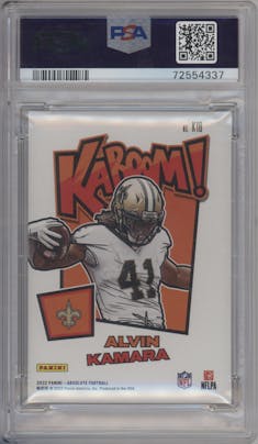 Alvin Kamara from the 2022 Panini Absolute set featuring a Gold parallel graded by PSA and given an overall grade of 10.
