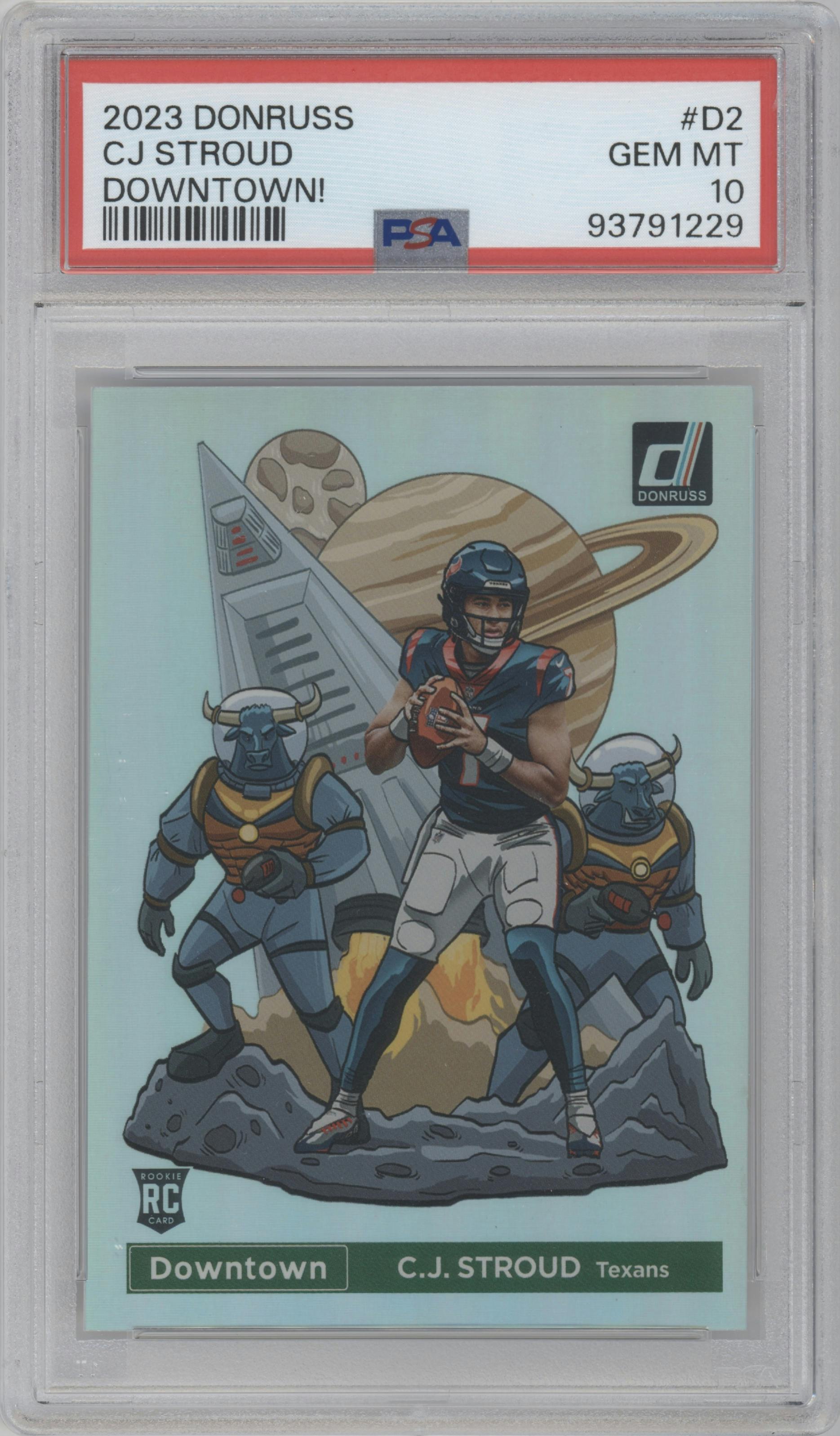 C.J. Stroud from the 2023 Panini Donruss set graded by PSA and given an overall grade of 10.