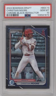 Christian Moore from the 2024 Bowman Draft set featuring a Black Refractor parallel graded by PSA and given an overall grade of 10.