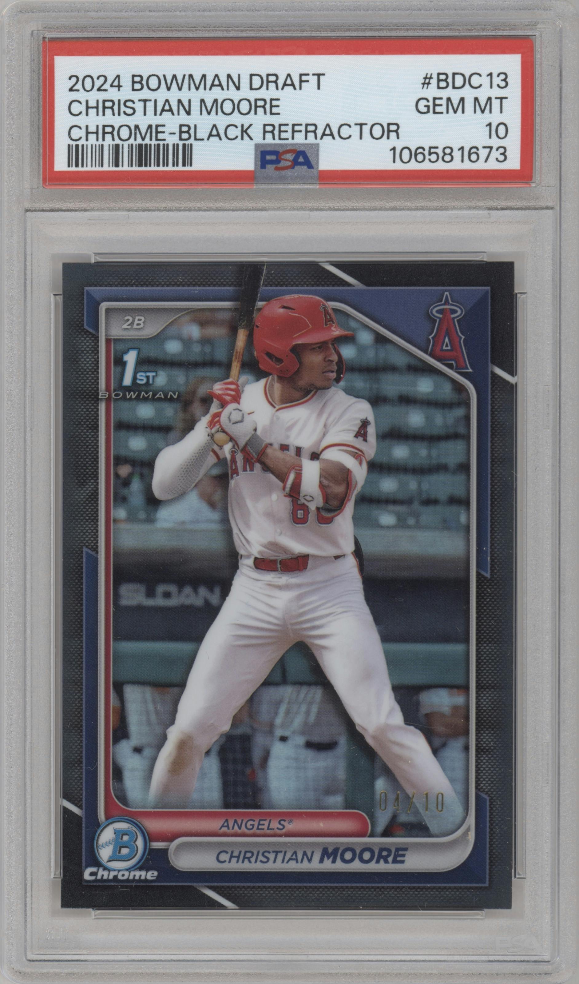 Christian Moore from the 2024 Bowman Draft set featuring a Black Refractor parallel graded by PSA and given an overall grade of 10.