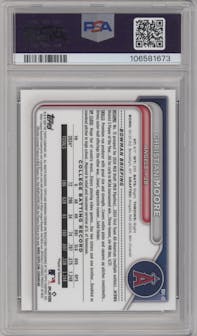 Christian Moore from the 2024 Bowman Draft set featuring a Black Refractor parallel graded by PSA and given an overall grade of 10.