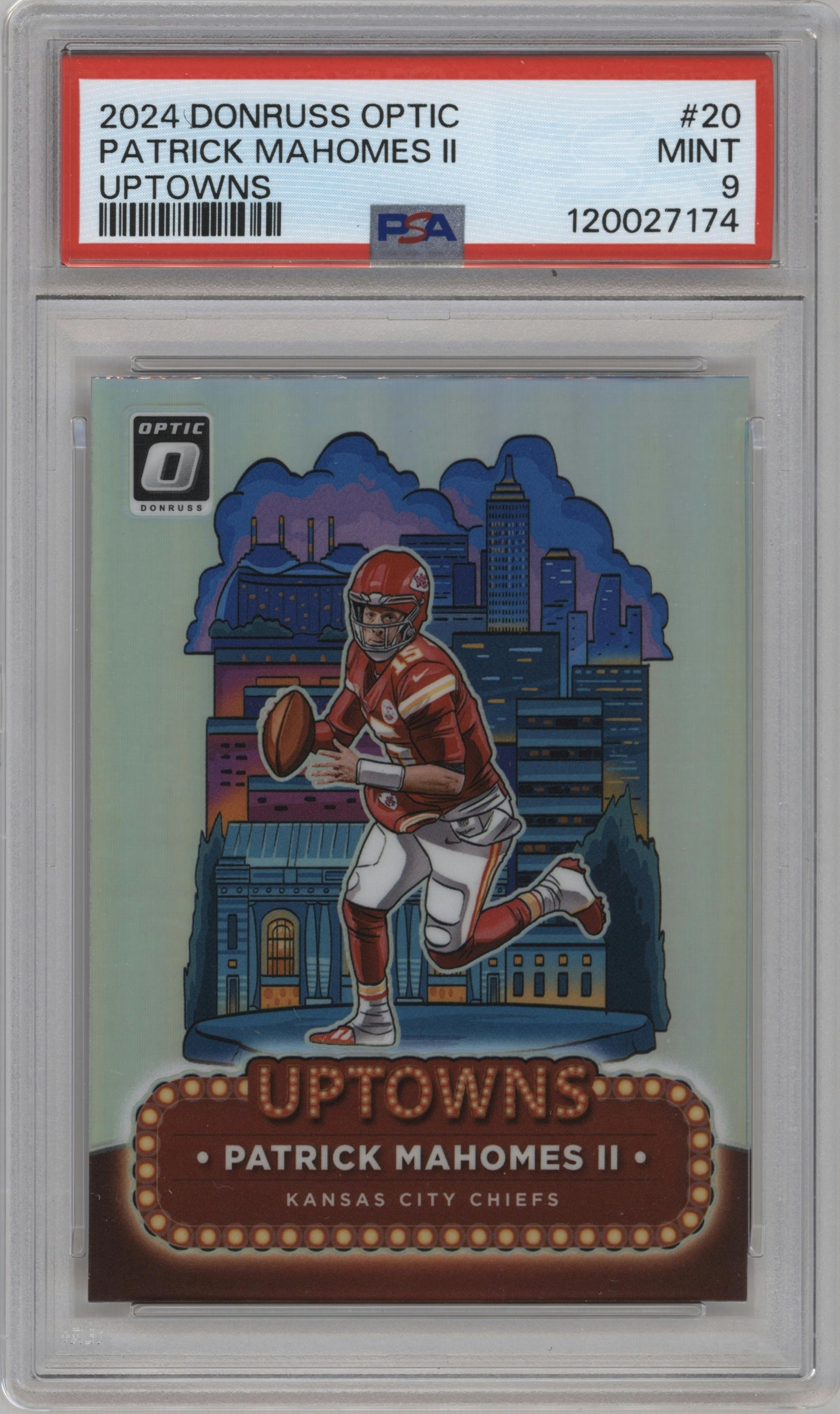Patrick Mahomes II from the 2024 Donruss Optic set graded by PSA and given an overall grade of 9.