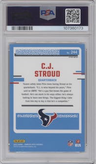 C.J. Stroud from the 2023 Donruss Optic set featuring a Blue Scope parallel graded by PSA and given an overall grade of 10.