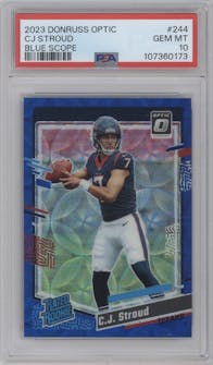 C.J. Stroud from the 2023 Donruss Optic set featuring a Blue Scope parallel graded by PSA and given an overall grade of 10.