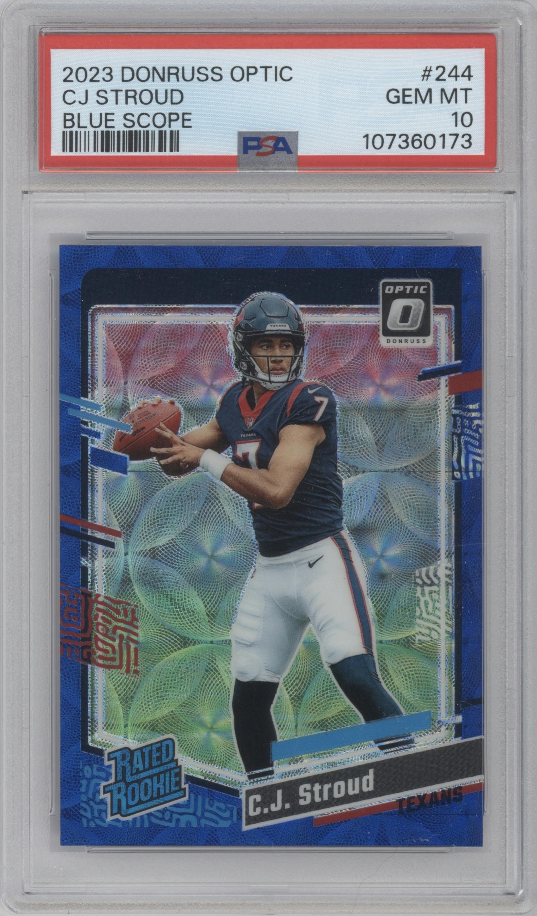 C.J. Stroud from the 2023 Donruss Optic set featuring a Blue Scope parallel graded by PSA and given an overall grade of 10.