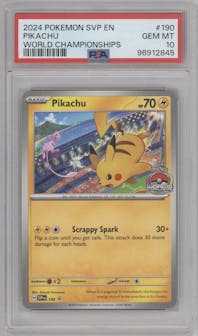 Pikachu from the 2024 Pokemon SV set featuring a 2024 World Championship parallel graded by PSA and given an overall grade of 10.