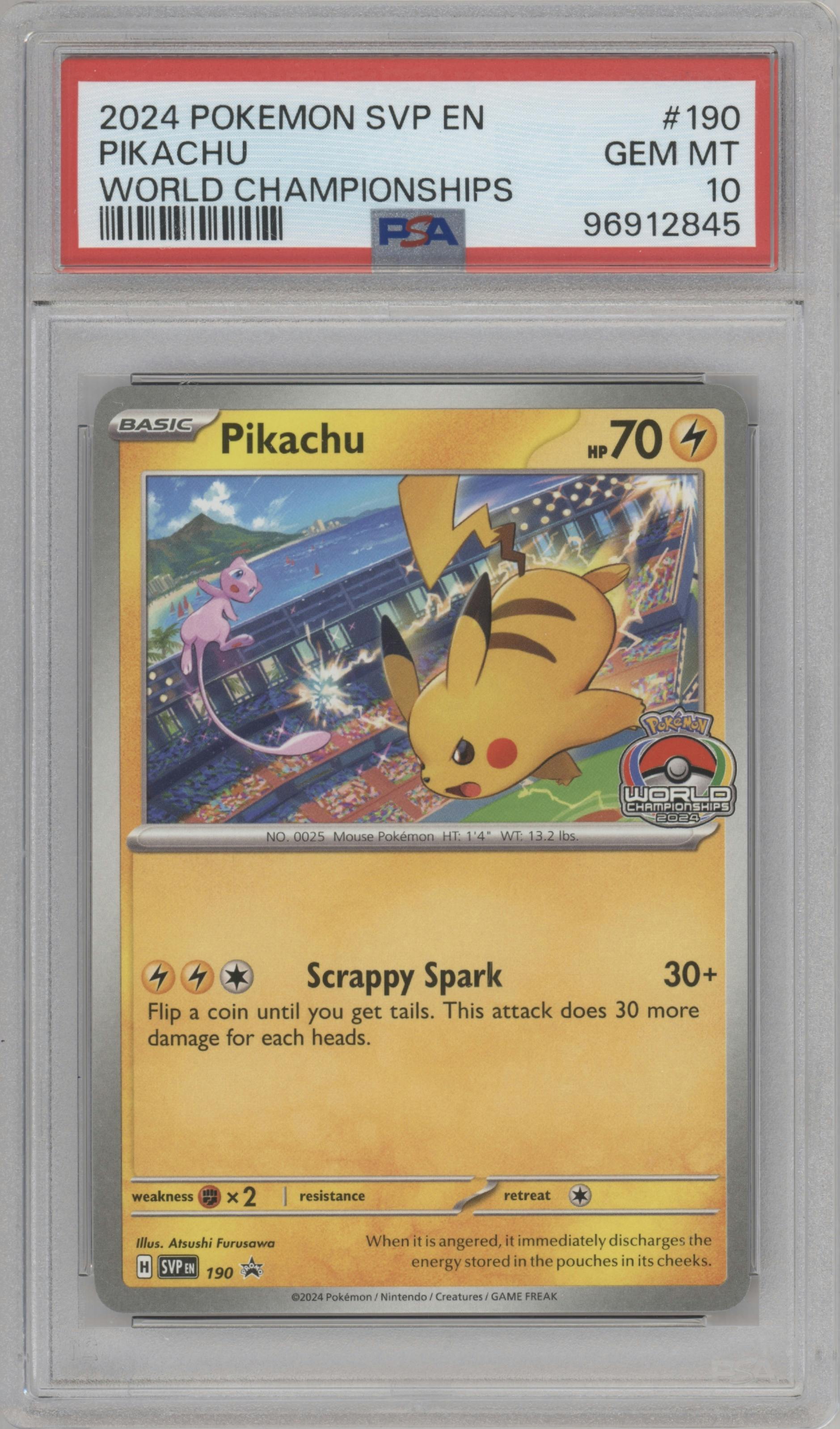 Pikachu from the 2024 Pokemon SV set featuring a 2024 World Championship parallel graded by PSA and given an overall grade of 10.