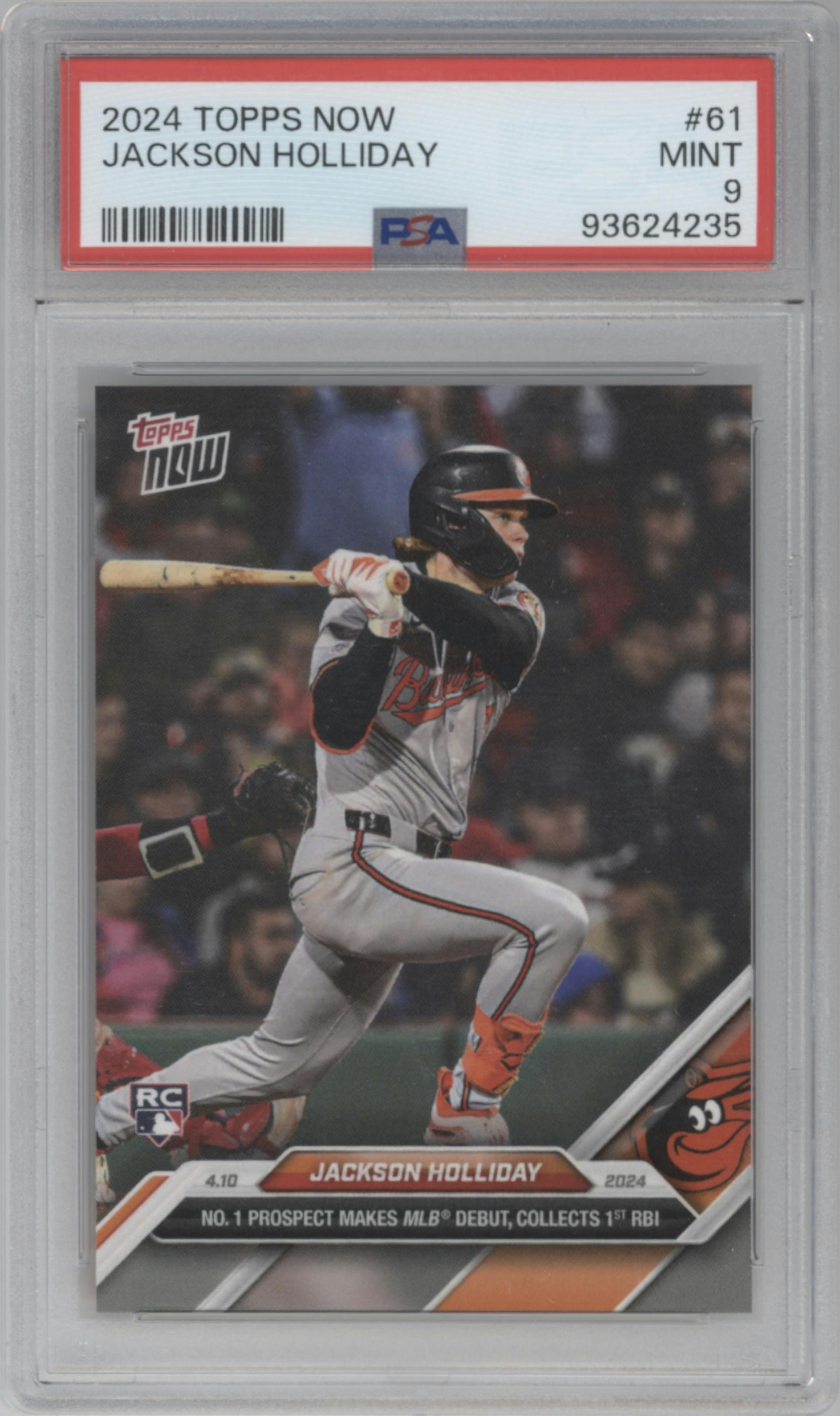 Jackson Holliday from the 2024 Topps Now set graded by PSA and given an overall grade of 9.