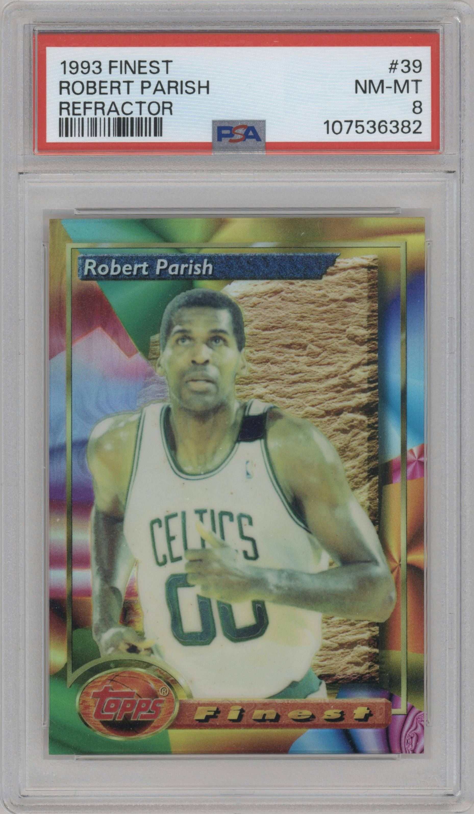 Robert Parish from the 1993-94 Topps Finest  set featuring a Refractor parallel graded by PSA and given an overall grade of 8.