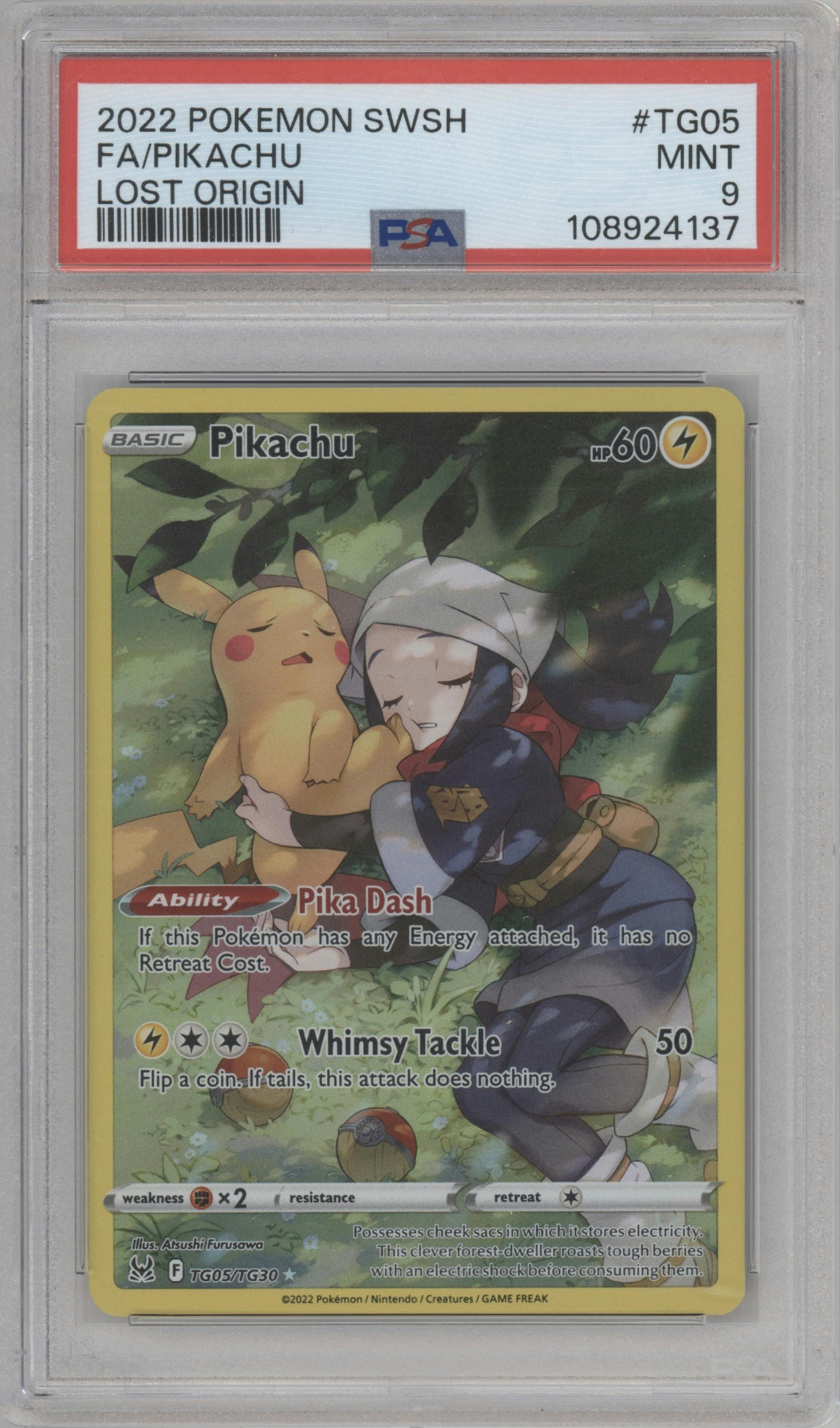 Pikachu from the 2022 Pokemon SWSH set graded by PSA and given an overall grade of 9.