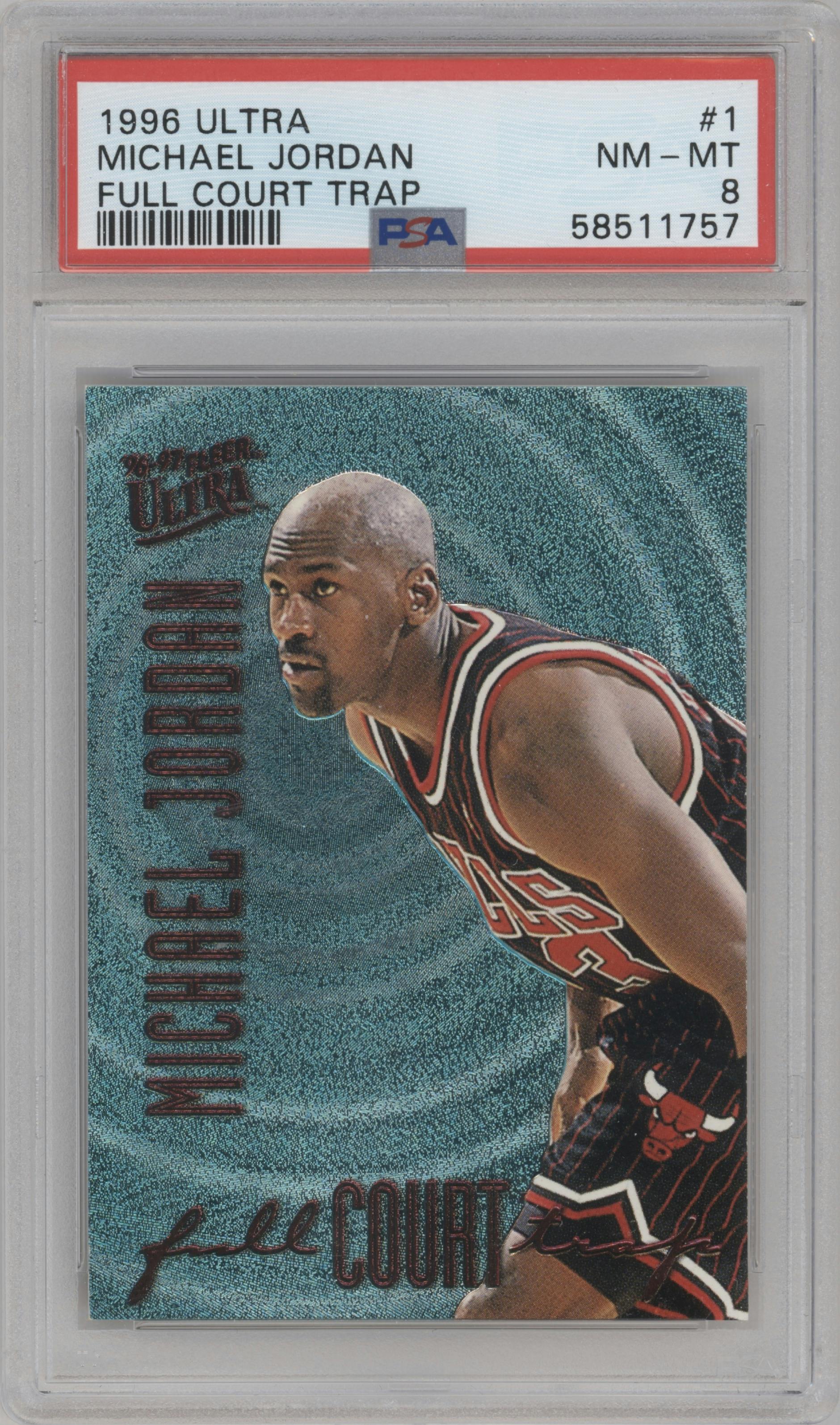 Michael Jordan from the 1996-97 Fleer Ultra set graded by PSA and given an overall grade of 8.
