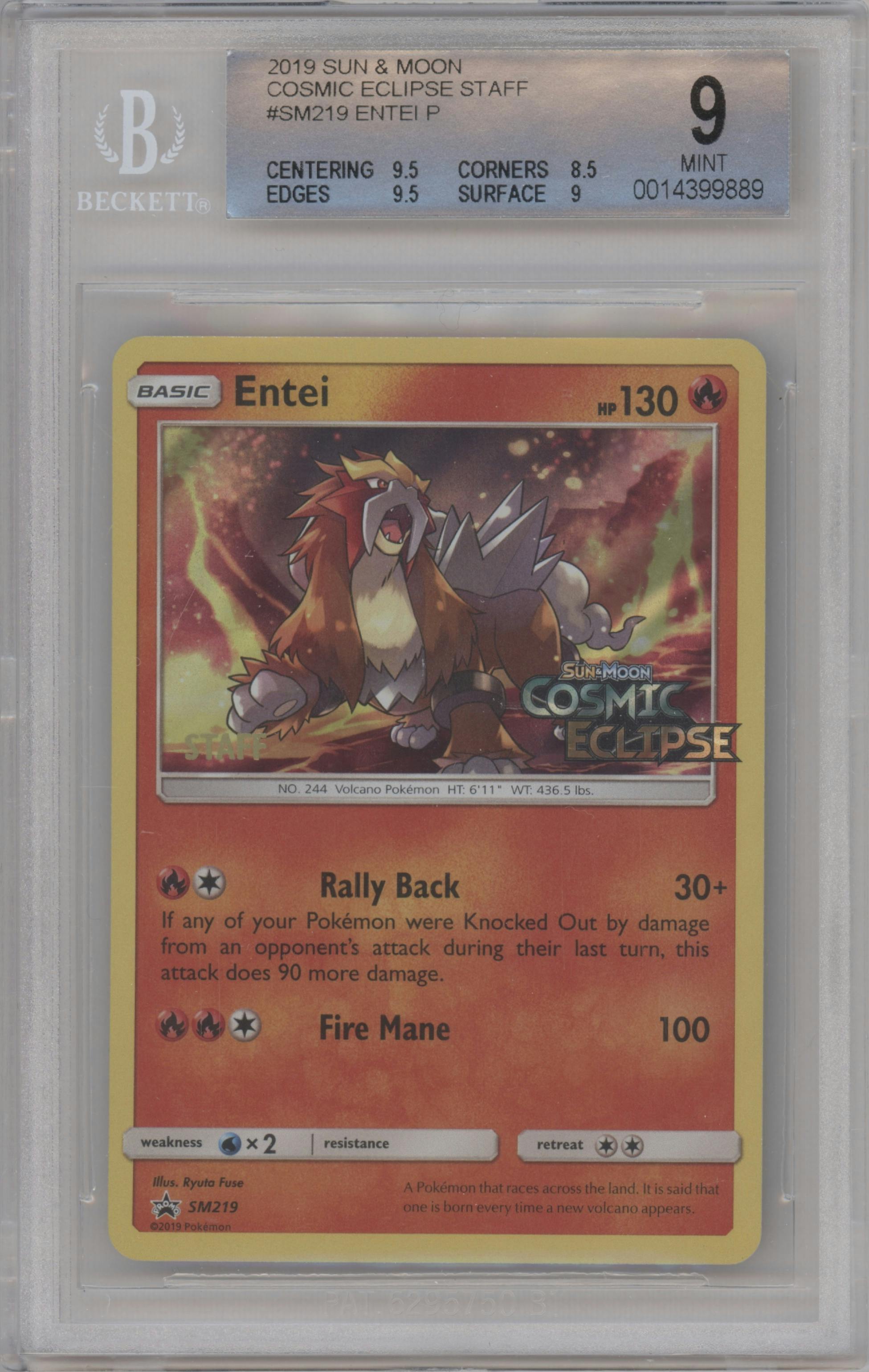 Entei from the 2019 Pokemon S&M  set featuring a One of 4 Cosmic Eclipse Pre-release Promos parallel graded by Beckett and given an overall grade of 9.
