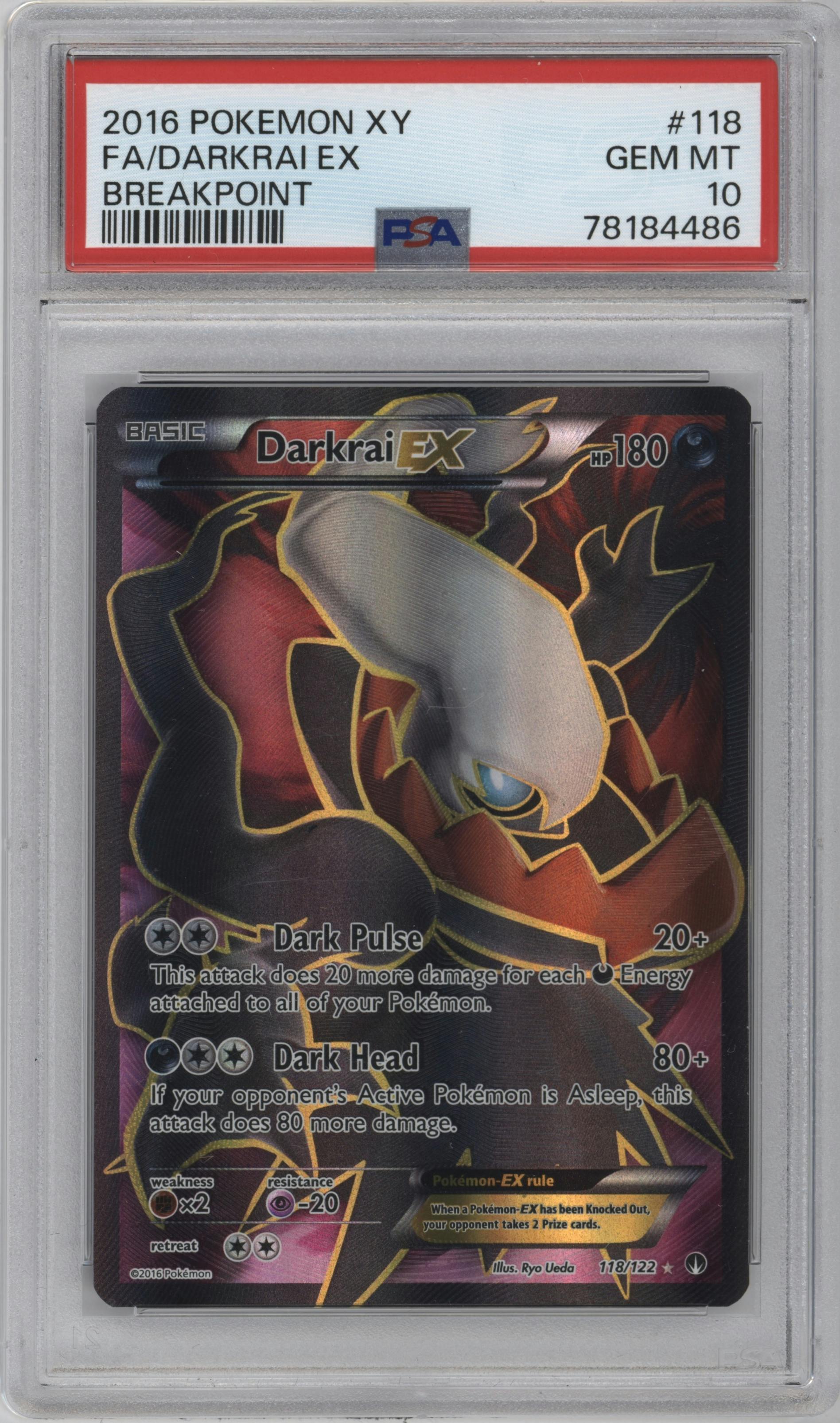 Darkrai EX from the 2016 Pokemon XY set graded by PSA and given an overall grade of 10.
