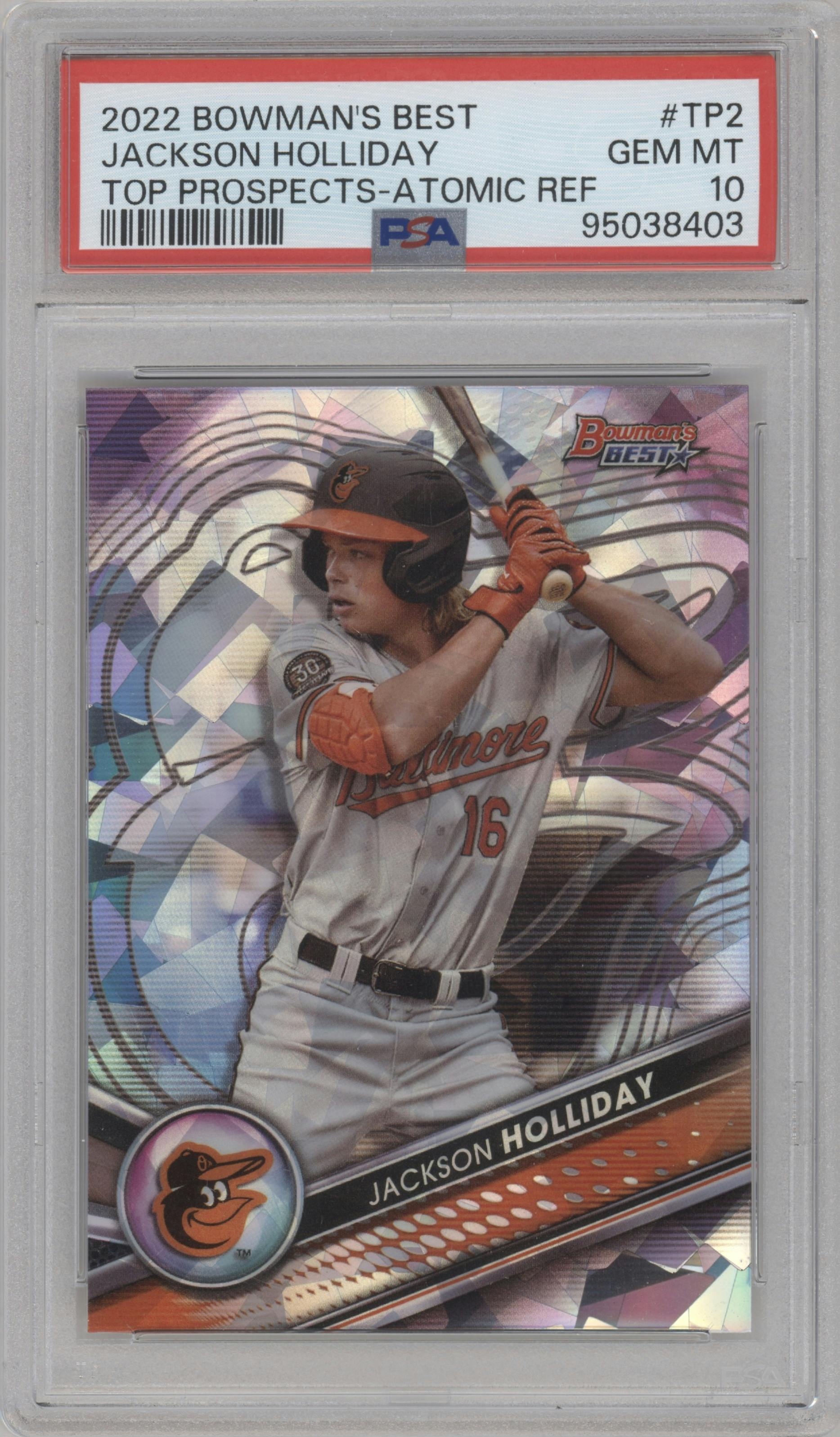 Jackson Holliday from the 2022 Bowman’s Best   set featuring a Atomic Refractor parallel graded by PSA and given an overall grade of 10.