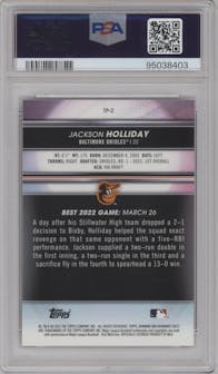 Jackson Holliday from the 2022 Bowman’s Best   set featuring a Atomic Refractor parallel graded by PSA and given an overall grade of 10.