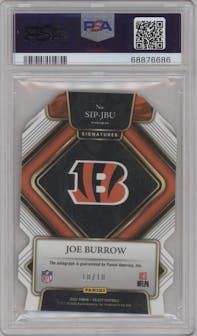 Joe Burrow from the 2021 Panini Select set featuring a Die-Cut Gold  parallel graded by PSA and given an overall grade of 10.