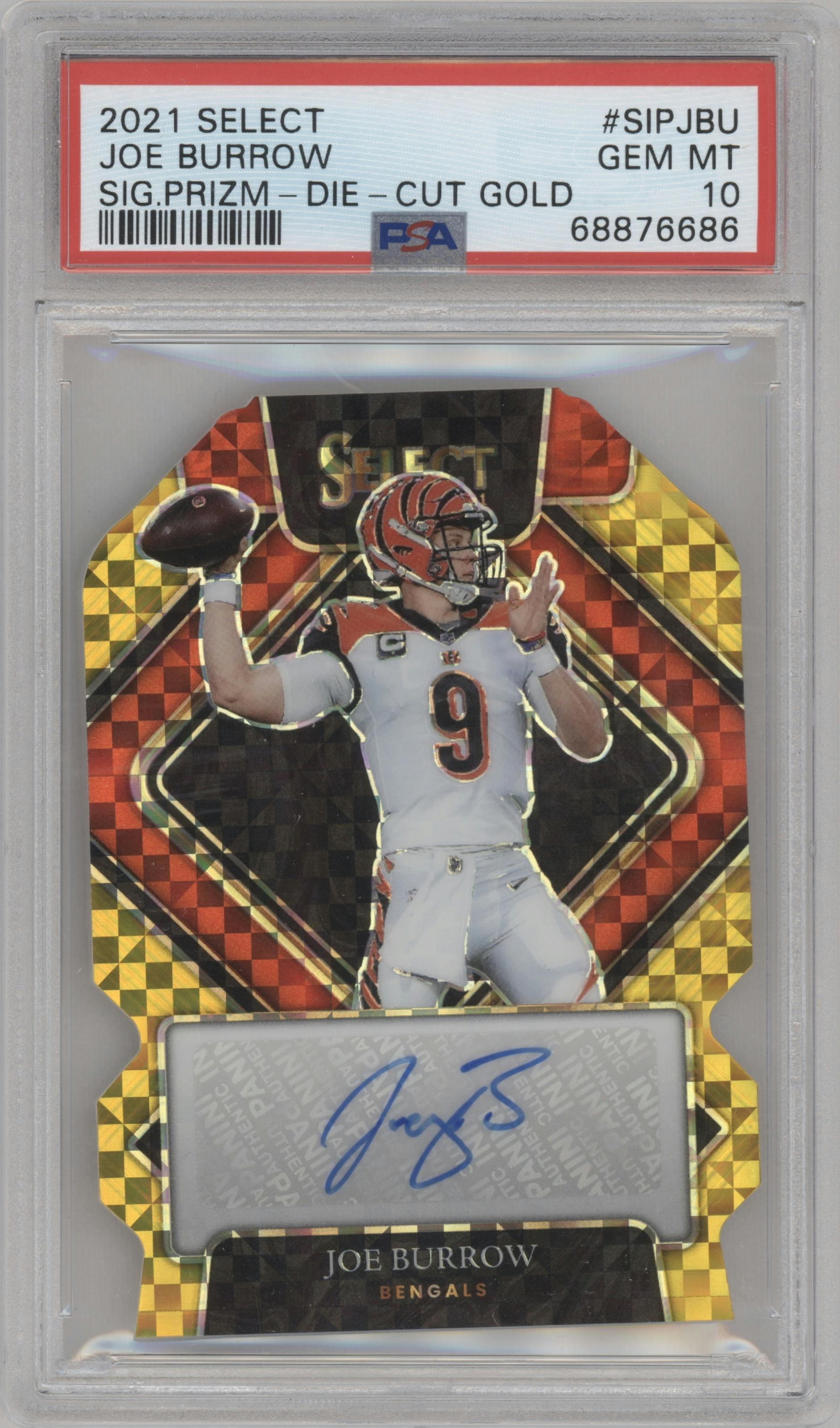 Joe Burrow from the 2021 Panini Select set featuring a Die-Cut Gold  parallel graded by PSA and given an overall grade of 10.