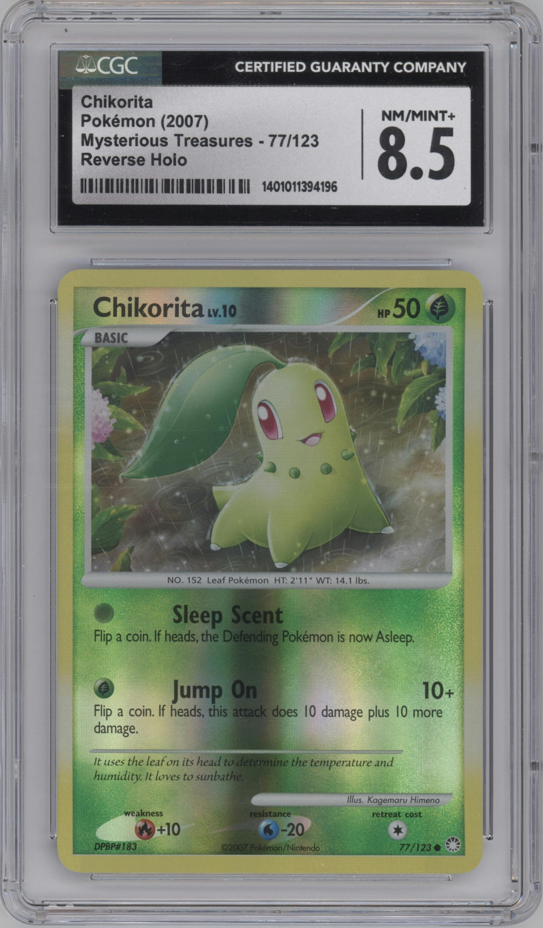 Chikorita from the 2007 Pokemon D&P set graded by CSG and given an overall grade of 8.5.