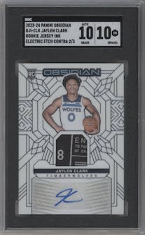 Jaylen Clark from the 2023-24 Panini Obsidian set featuring a Electric Etch Contra FOTL parallel graded by SGC and given an overall grade of 10.