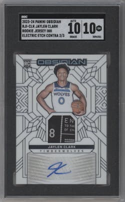 Jaylen Clark from the 2023-24 Panini Obsidian set featuring a Electric Etch Contra FOTL parallel graded by SGC and given an overall grade of 10.