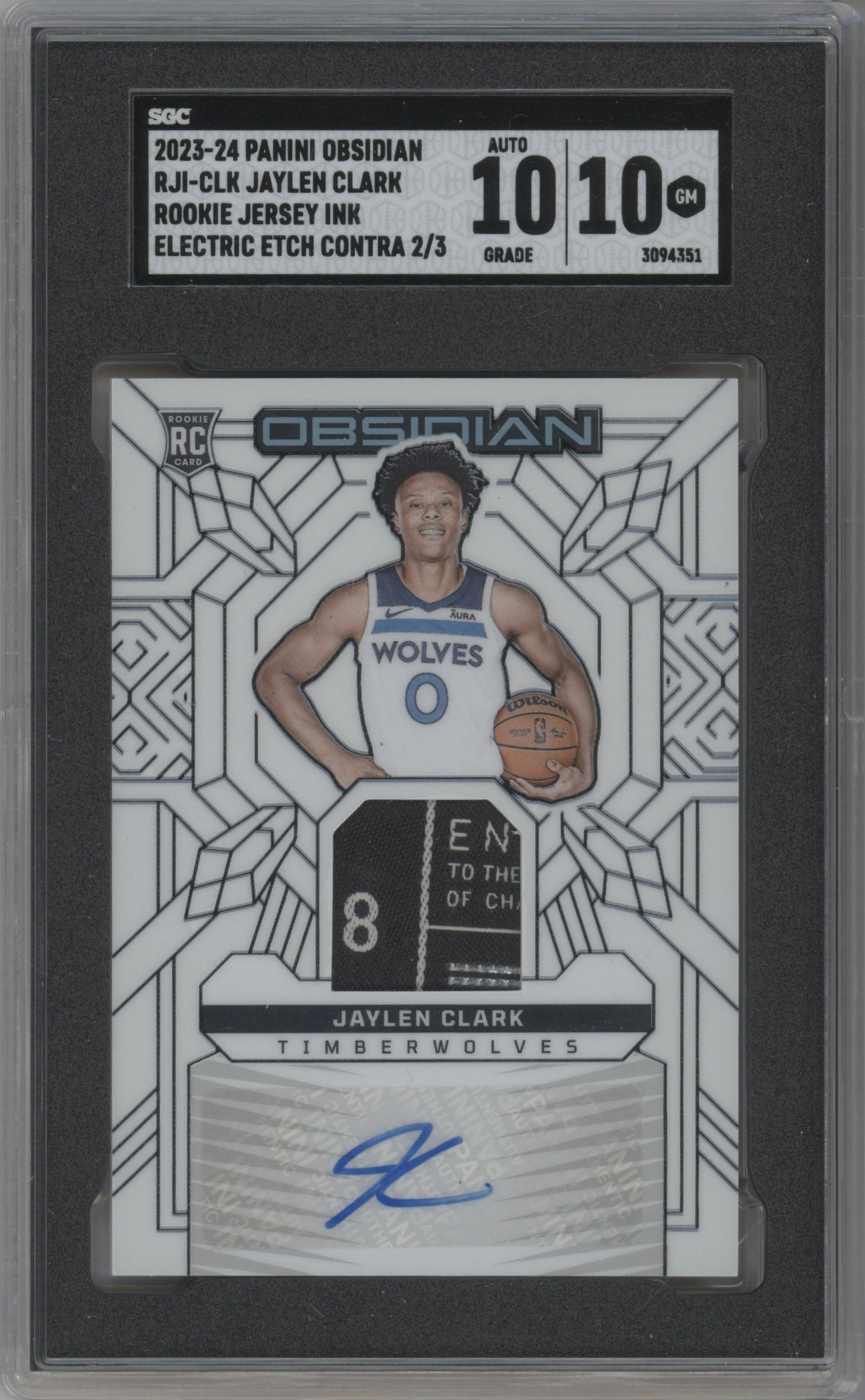 Jaylen Clark from the 2023-24 Panini Obsidian set featuring a Electric Etch Contra FOTL parallel graded by SGC and given an overall grade of 10.