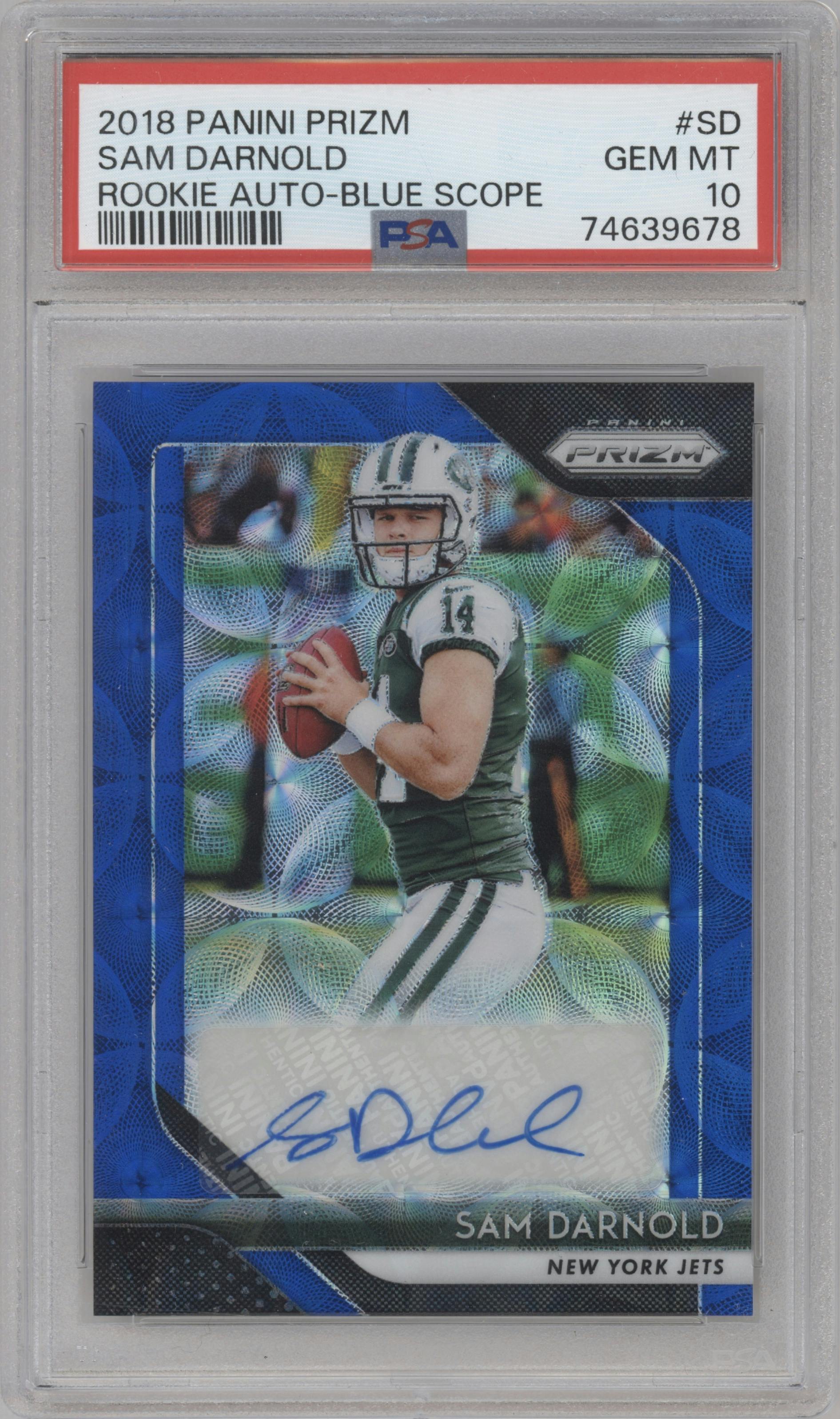 Sam Darnold from the 2018 Panini Prizm set featuring a Blue Scope parallel graded by PSA and given an overall grade of 10.