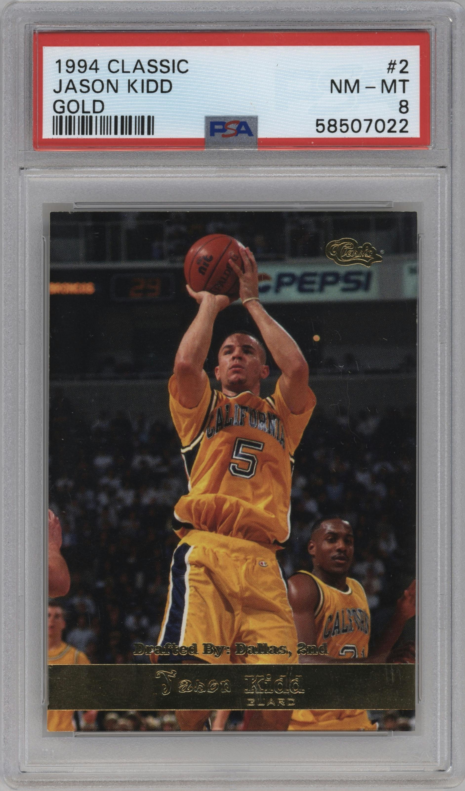 Jason Kidd from the 1994 Classic Draft set featuring a Gold parallel graded by PSA and given an overall grade of 8.