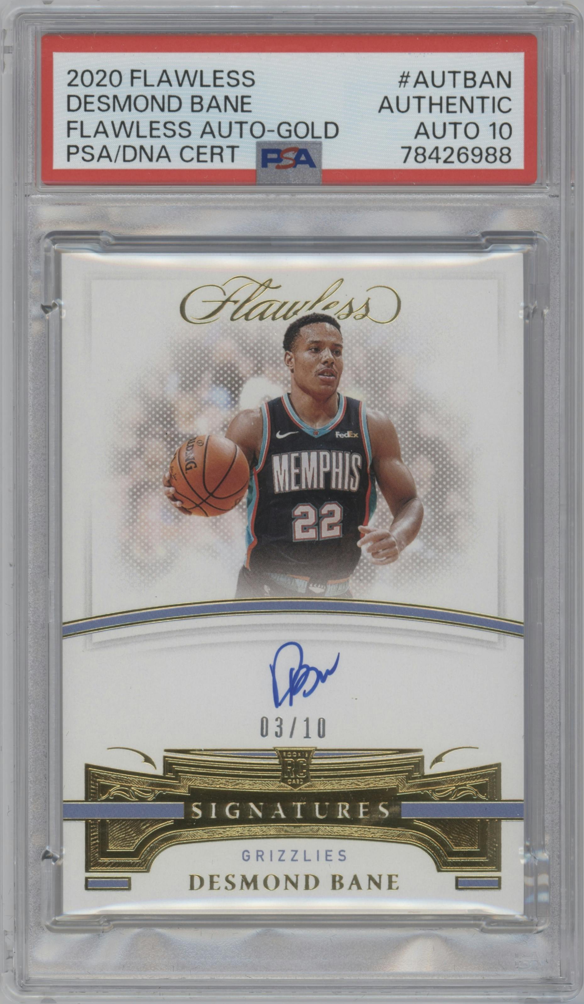 Desmond Bane from the 2020-21 Panini Flawless Basketball set featuring a Gold parallel graded by PSA.