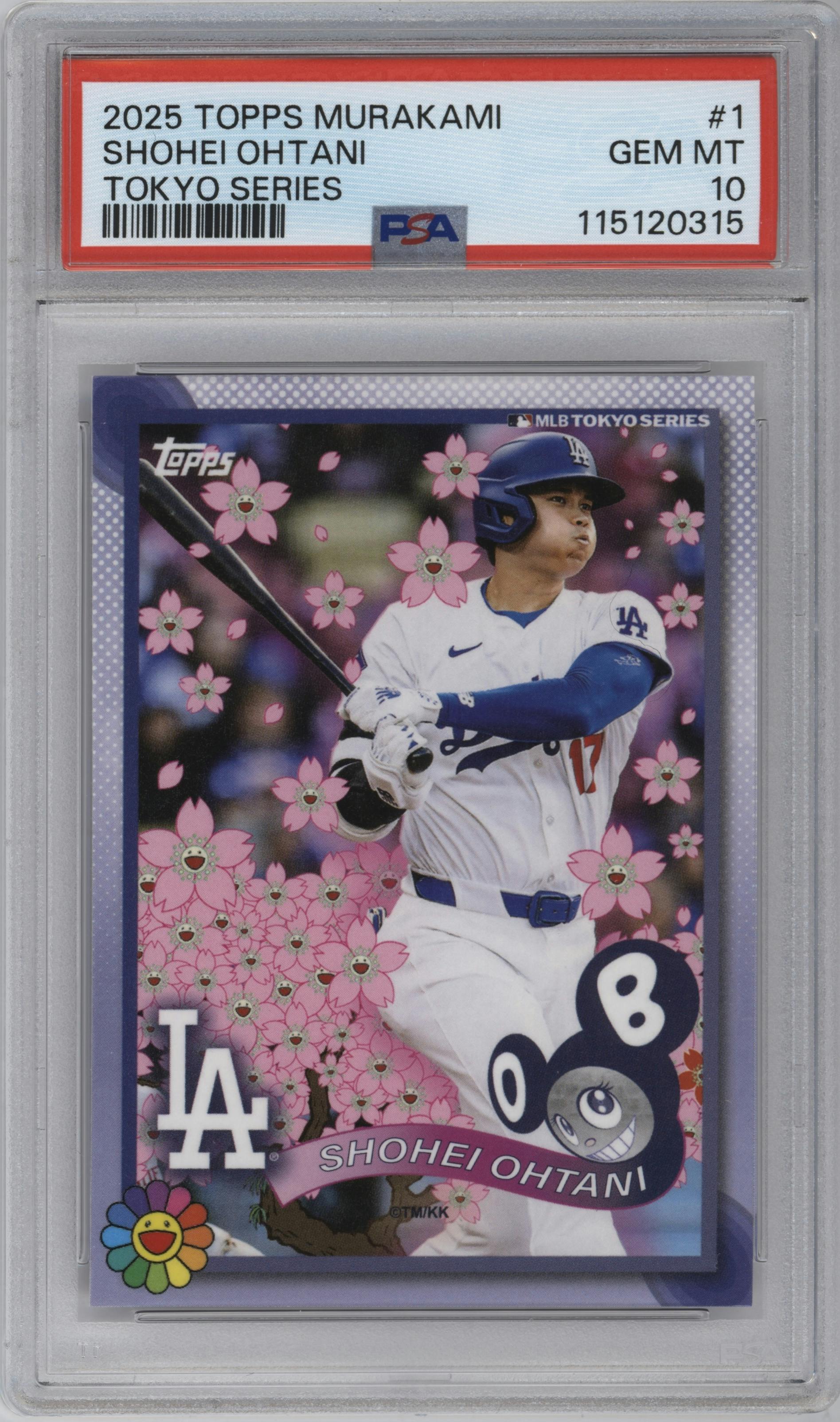 Shohei Ohtani from the 2025 Topps MLB World Tour Tokyo Series Takashi Murakami Complex Exclusive set graded by PSA and given an overall grade of 10.