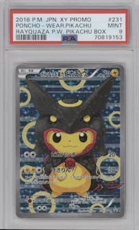 Rayquaza Pikachu from the 2016 Pokemon XY JPN set featuring a Poncho Wearing Pikachu Box parallel graded by PSA and given an overall grade of 9.