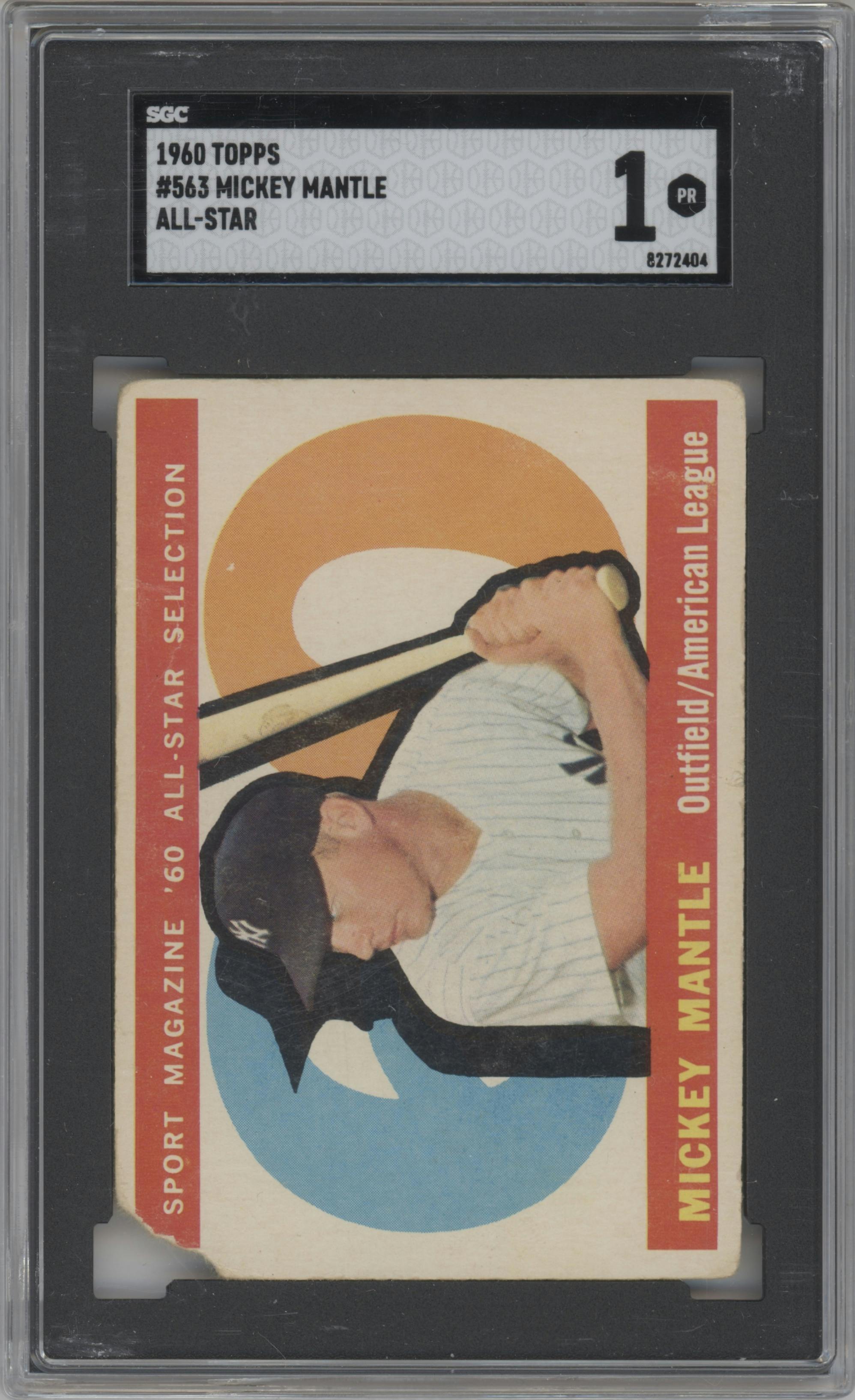 Mickey Mantle from the 1960 Topps set graded by SGC and given an overall grade of 1.