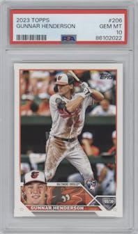 Gunnar Henderson from the 2023 Topps Series 1 set graded by PSA and given an overall grade of 10.