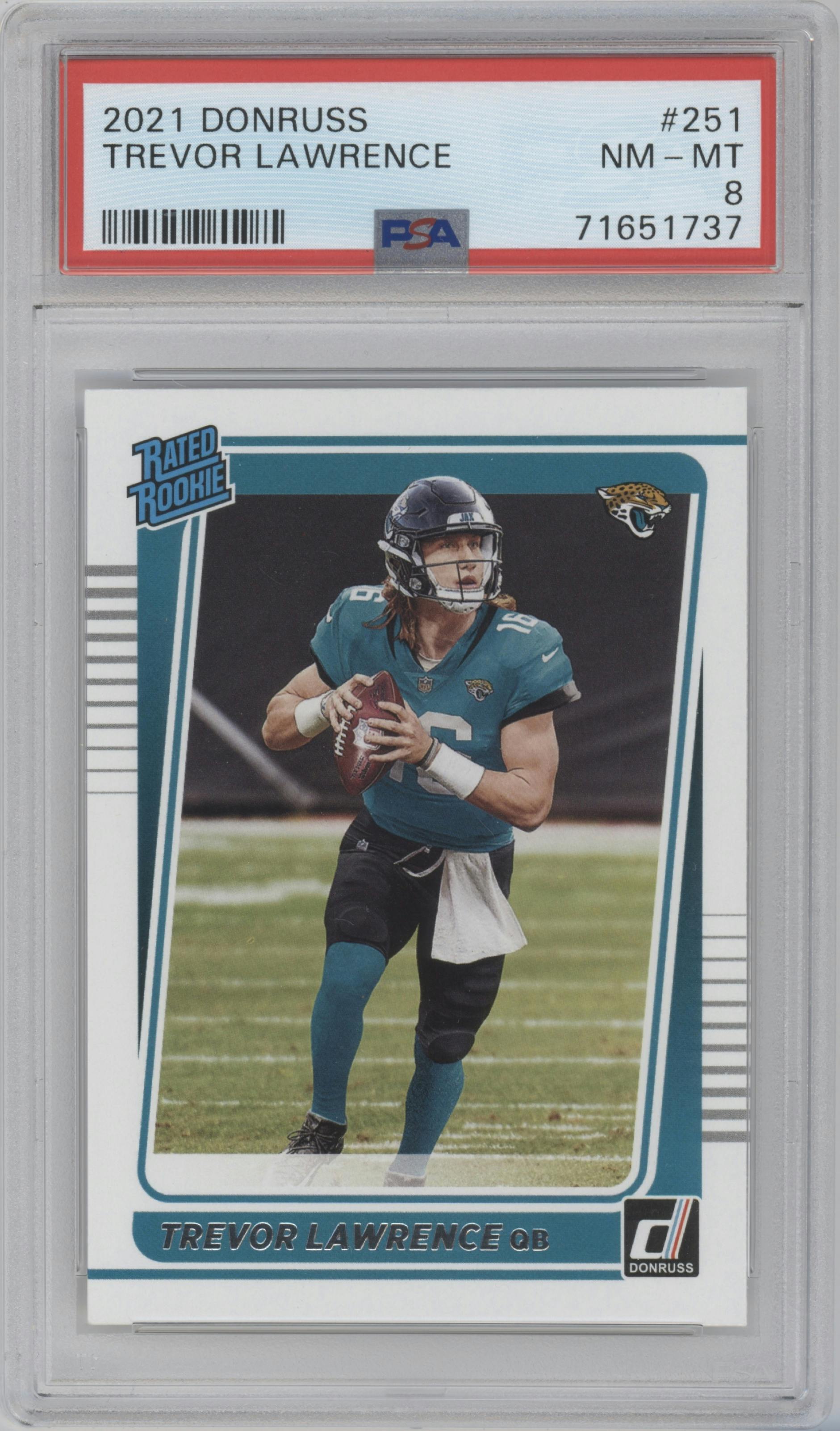Trevor Lawrence from the 2021 Panini Donruss set graded by PSA and given an overall grade of 8.