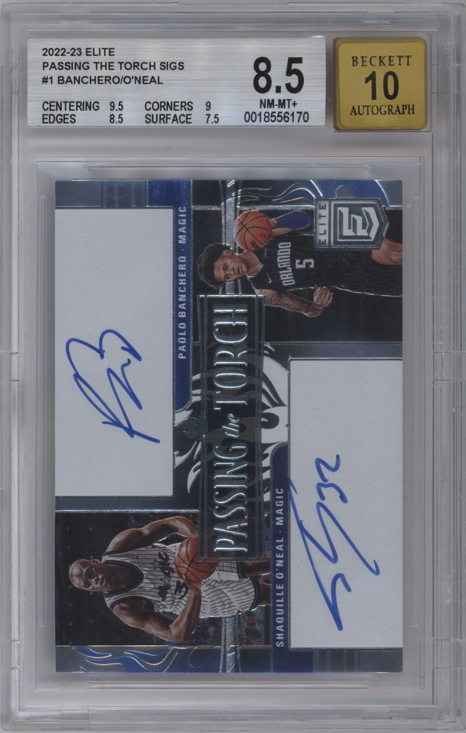 2022 Donruss Elite Passing the Torch Sig. Paolo Banchero/Shaquille O'Neal #PTS-ORL BGS 8.5