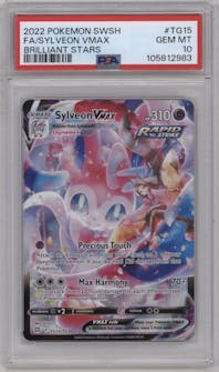 Sylveon VMAX from the 2022 Pokemon SWSH set graded by PSA and given an overall grade of 10.