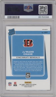 Ja'Marr Chase from the 2021 Panini Donruss Optic set featuring a Blue Scope parallel graded by PSA and given an overall grade of 9.