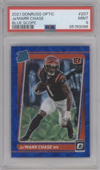 Ja'Marr Chase from the 2021 Panini Donruss Optic set featuring a Blue Scope parallel graded by PSA and given an overall grade of 9.