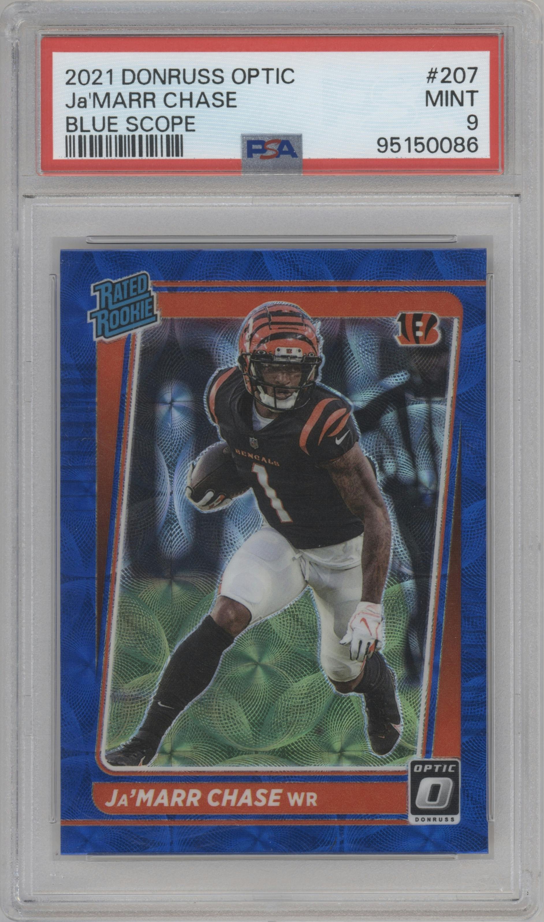 Ja'Marr Chase from the 2021 Panini Donruss Optic set featuring a Blue Scope parallel graded by PSA and given an overall grade of 9.