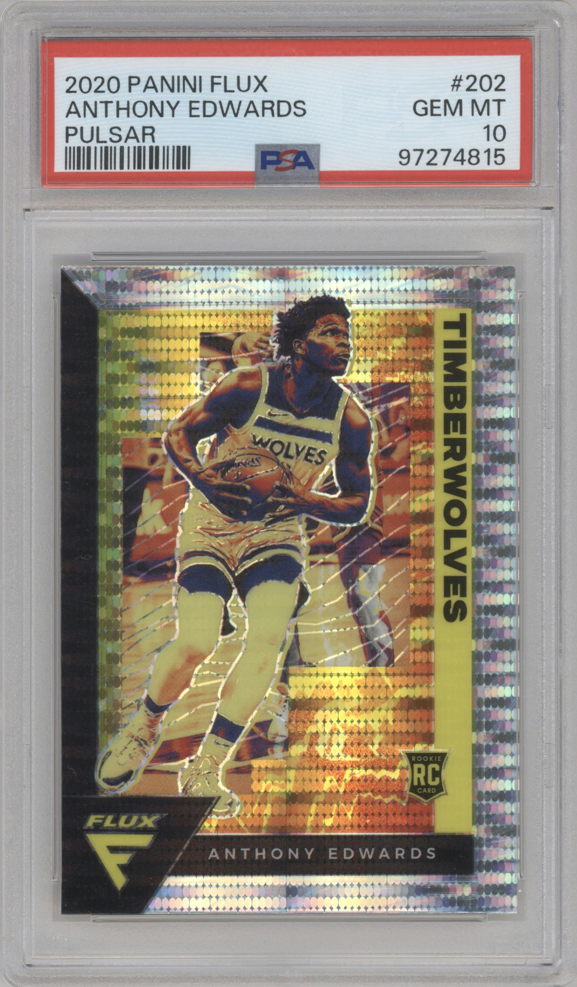 Anthony Edwards from the 2020-21 Panini Flux set featuring a Pulsar parallel graded by PSA and given an overall grade of 10.