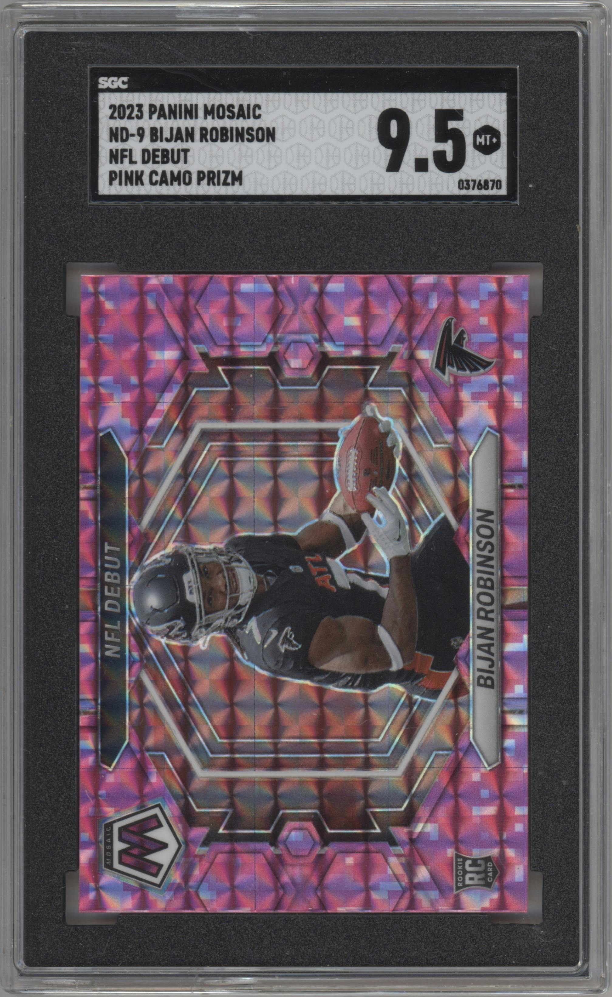 Bijan Robinson from the 2023 Panini Mosaic set featuring a Pink Camo parallel graded by SGC and given an overall grade of 9.5.