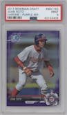 Juan Soto from the 2017 Bowman Draft set featuring a Purple Refractor  parallel graded by PSA and given an overall grade of 9.