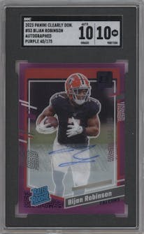 Bijan Robinson from the 2023 Clearly Donruss set featuring a Purple parallel graded by SGC and given an overall grade of 10.