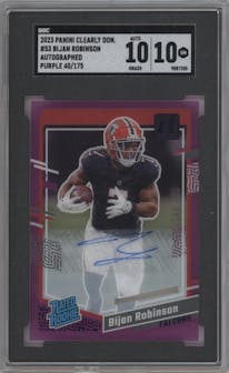 Bijan Robinson from the 2023 Clearly Donruss set featuring a Purple parallel graded by SGC and given an overall grade of 10.