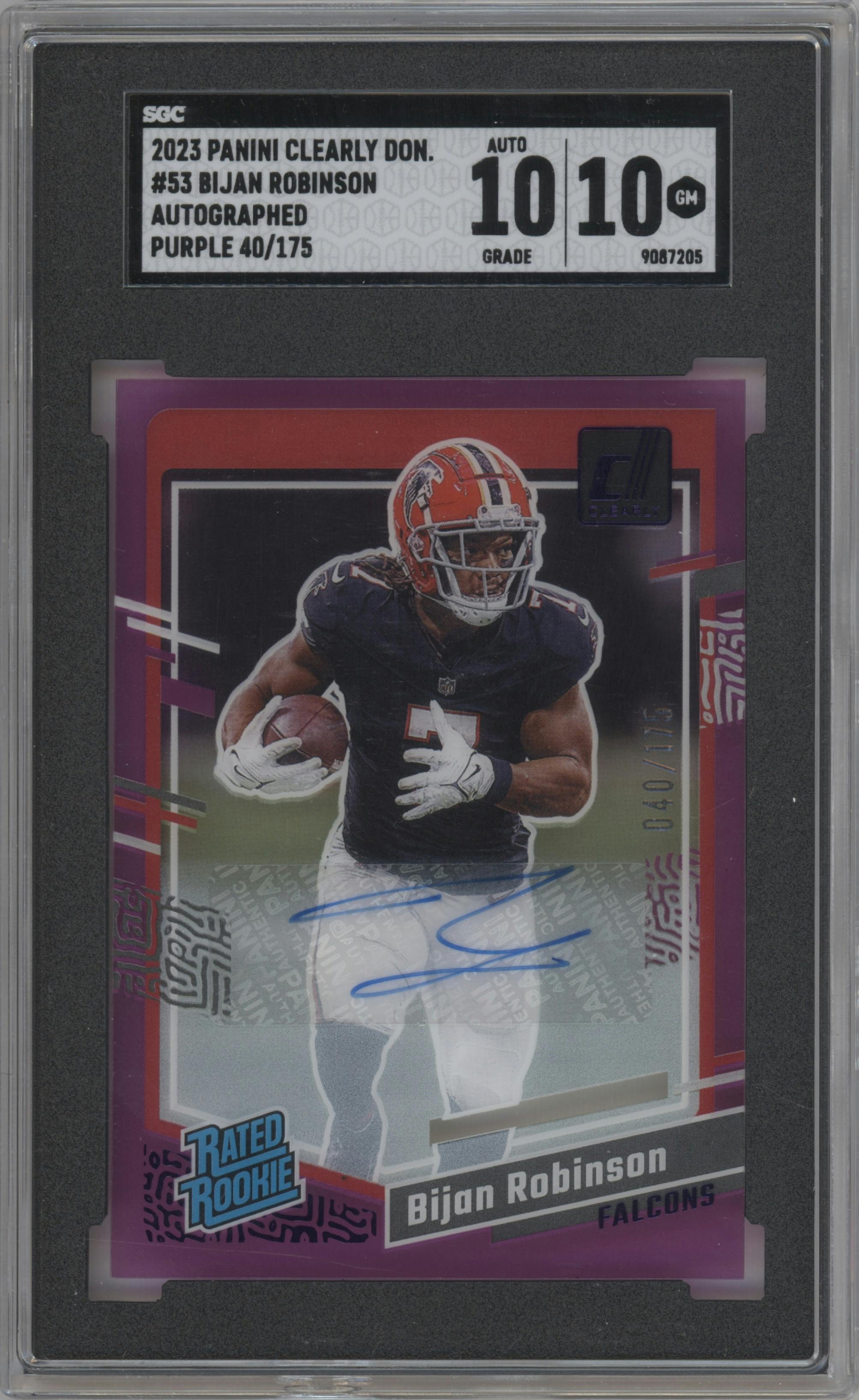Bijan Robinson from the 2023 Clearly Donruss set featuring a Purple parallel graded by SGC and given an overall grade of 10.