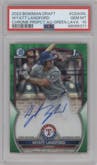 Wyatt Langford from the 2023 Bowman Draft set featuring a Green Lava Refractor parallel graded by PSA and given an overall grade of 10.