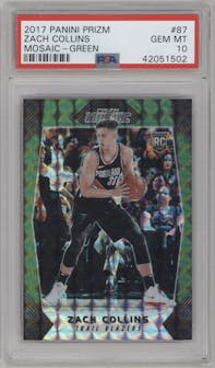 Zach Collins from the 2017-18 Panini Mosaic Prizm  set featuring a Green parallel graded by PSA and given an overall grade of 10.