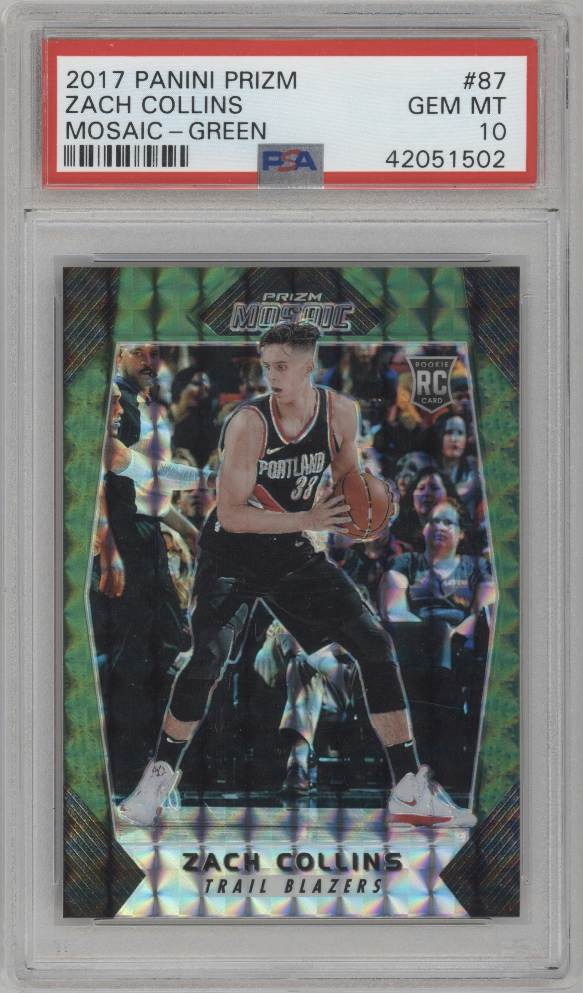 Zach Collins from the 2017-18 Panini Mosaic Prizm  set featuring a Green parallel graded by PSA and given an overall grade of 10.