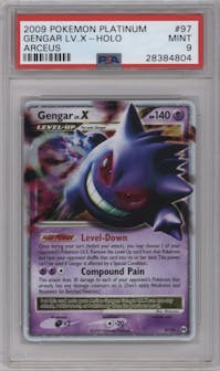 Gengar LV.X from the 2009 Pokemon Platinum set graded by PSA and given an overall grade of 9.