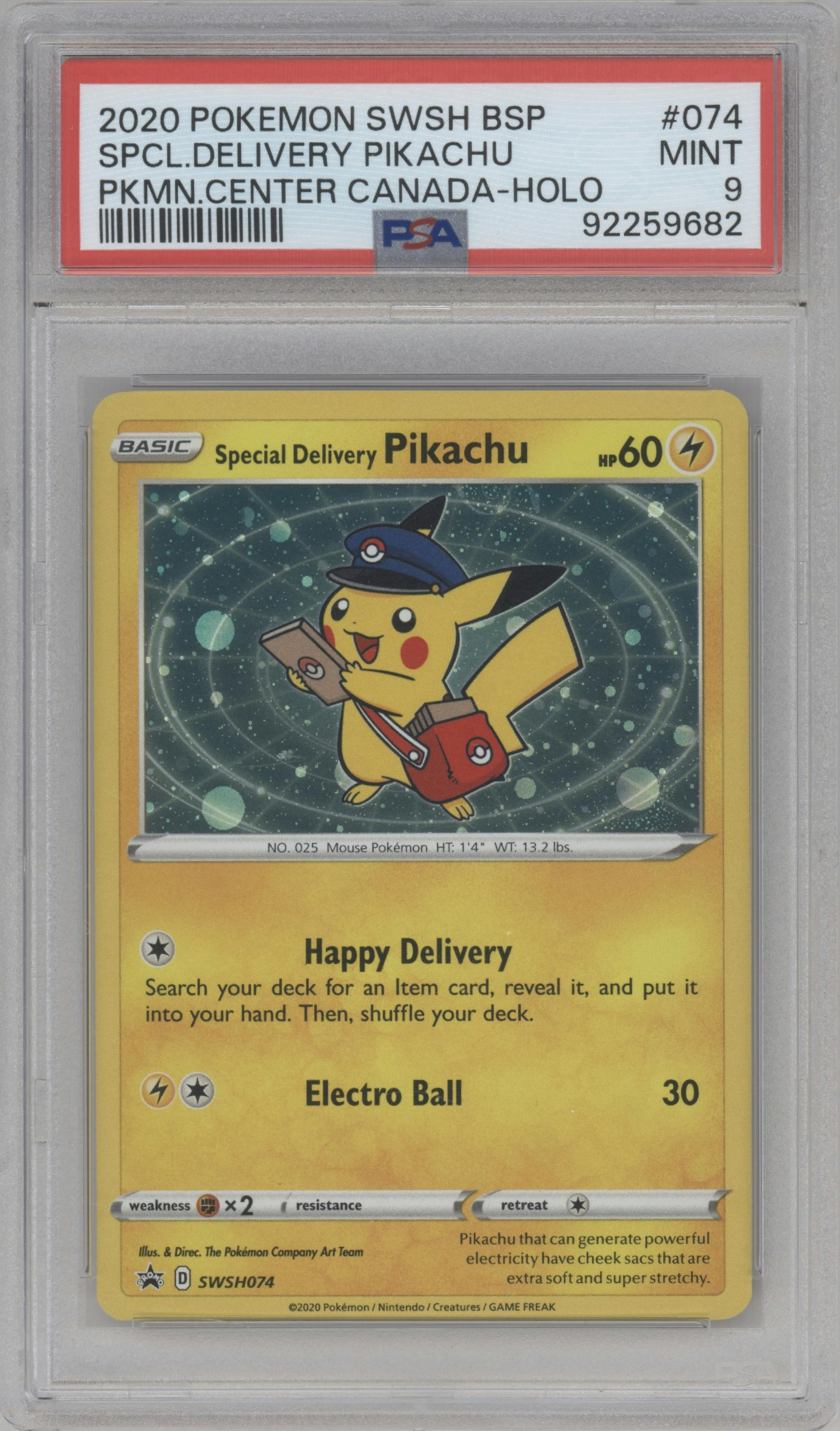 Special Delivery Pikachu from the 2020 Pokemon SWSH set featuring a Pokemon Center US and Canada parallel graded by PSA and given an overall grade of 9.
