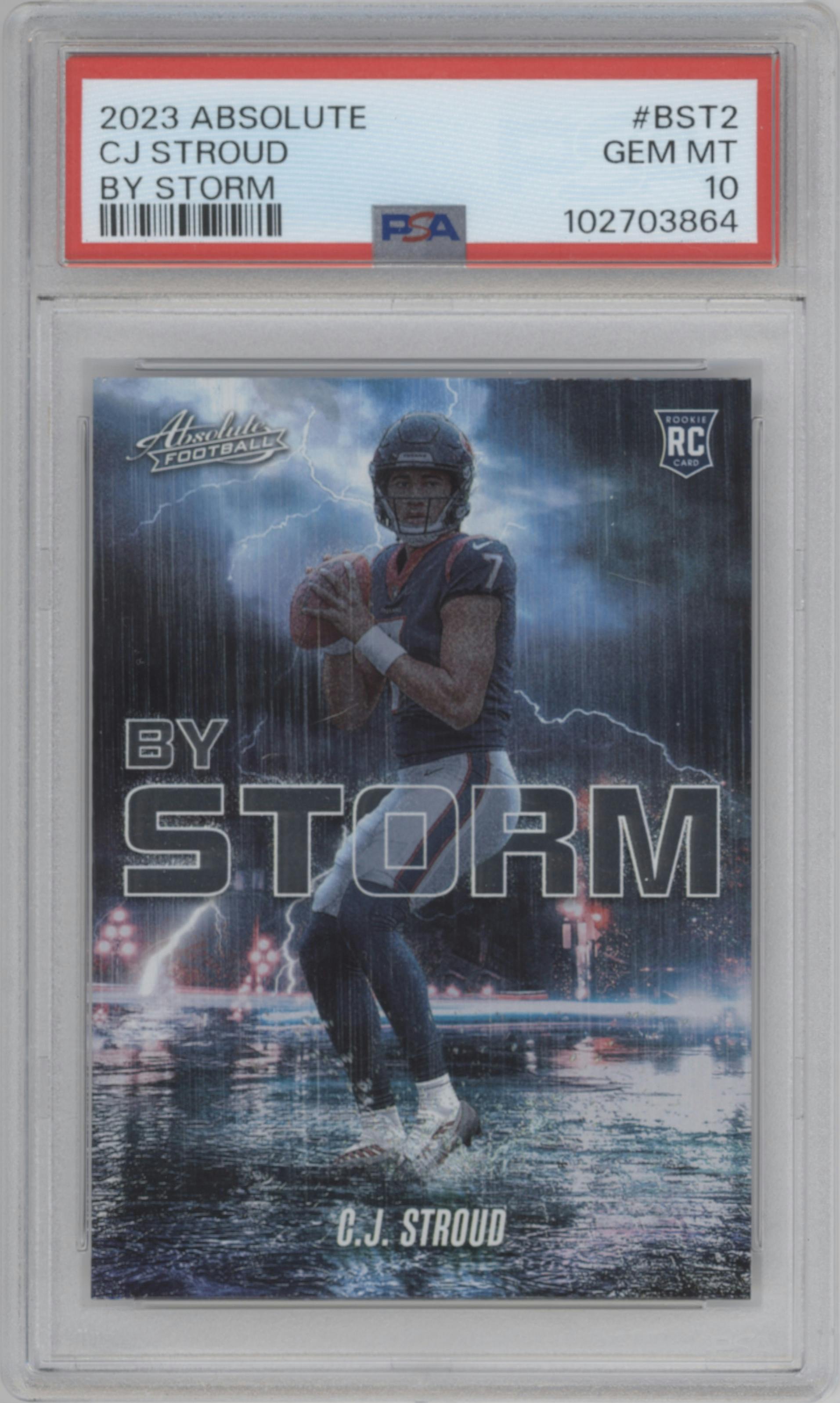 C.J. Stroud from the 2023 Panini Absolute set graded by PSA and given an overall grade of 10.